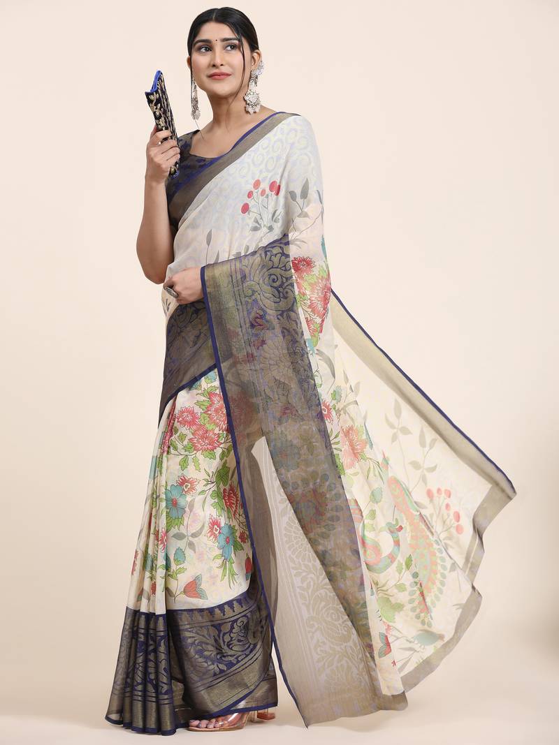 Coral-2-Blue   Printed Chiffon Art Sik Saree