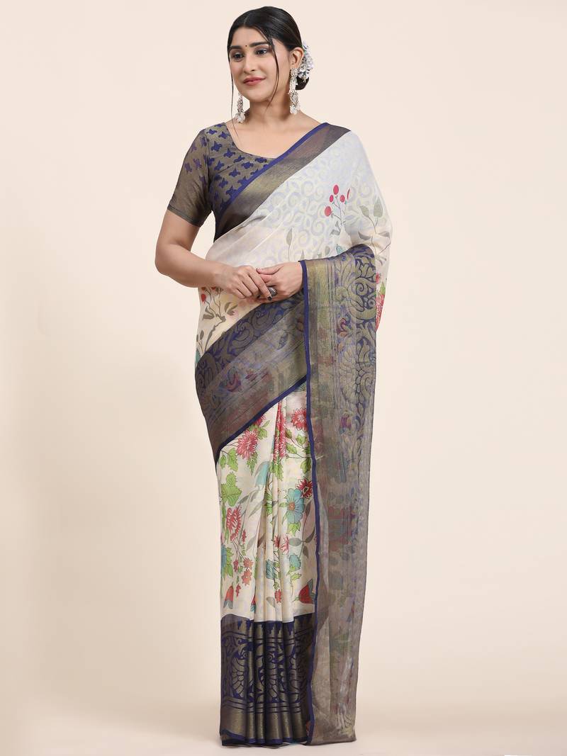 Coral-2-Blue   Printed Chiffon Art Sik Saree