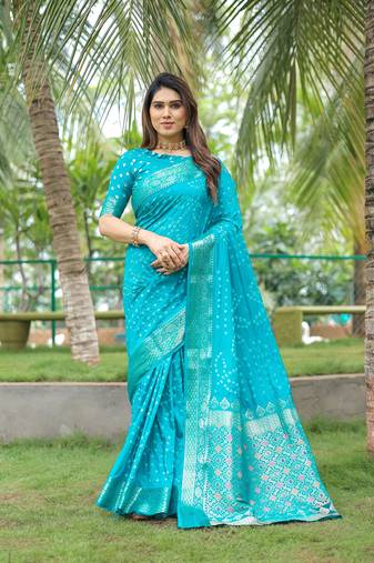 Aqua Blue Woven Design Bandhej silk blend Saree With Blouse
