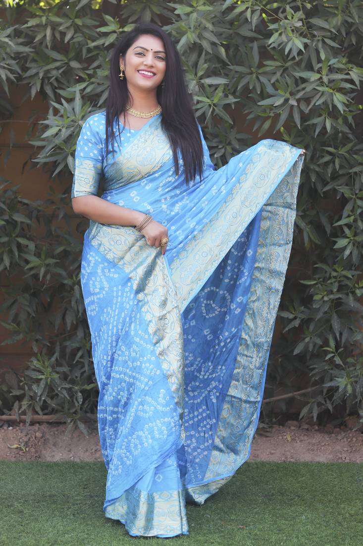 Sky woven design pure bandhej silk saree with blouse