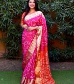 Pink woven design pure bandhej silk saree with blouse