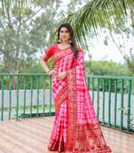 Pink Woven Design Bandhej silk blend Saree With Blouse