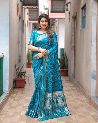 Teal Woven Design Bandhej Silk Blend Saree With Blouse 2