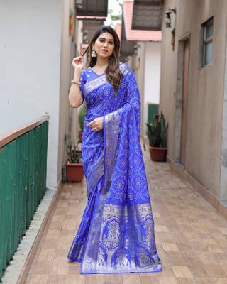 Blue Woven Design Bandhej Silk Blend Saree With Blouse 1
