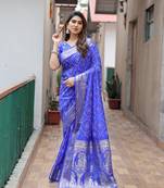 Blue Woven Design Bandhej Silk Blend Saree With Blouse