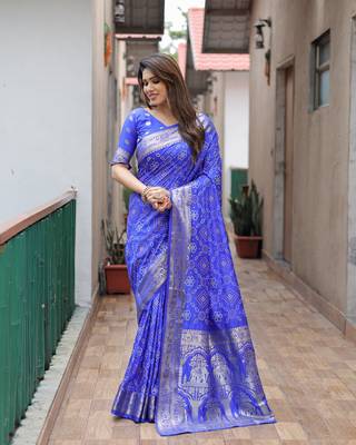 Blue Woven Design Bandhej Silk Blend Saree With Blouse 2