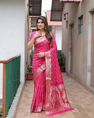 Pink Woven Design Bandhej Silk Blend Saree With Blouse 1