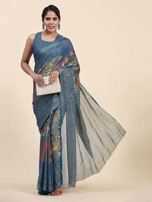 CORAL-1-D.BLUE   Printed Chiffon ART SIK SAREE 1