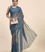 CORAL-1-D.BLUE   Printed Chiffon ART SIK SAREE