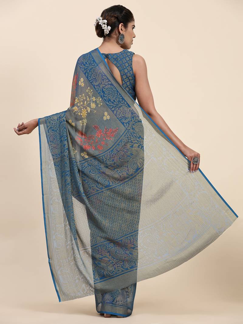 CORAL-1-D.BLUE   Printed Chiffon ART SIK SAREE
