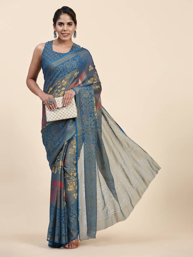 CORAL-1-D.BLUE   Printed Chiffon ART SIK SAREE