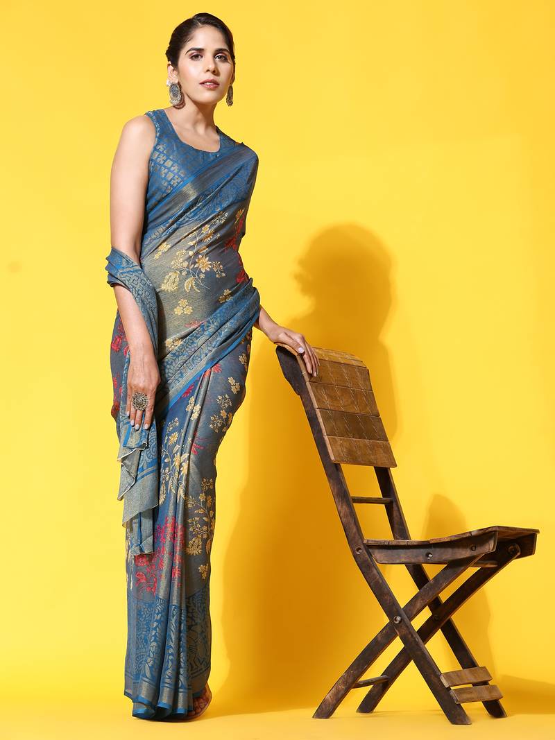 CORAL-1-D.BLUE   Printed Chiffon ART SIK SAREE