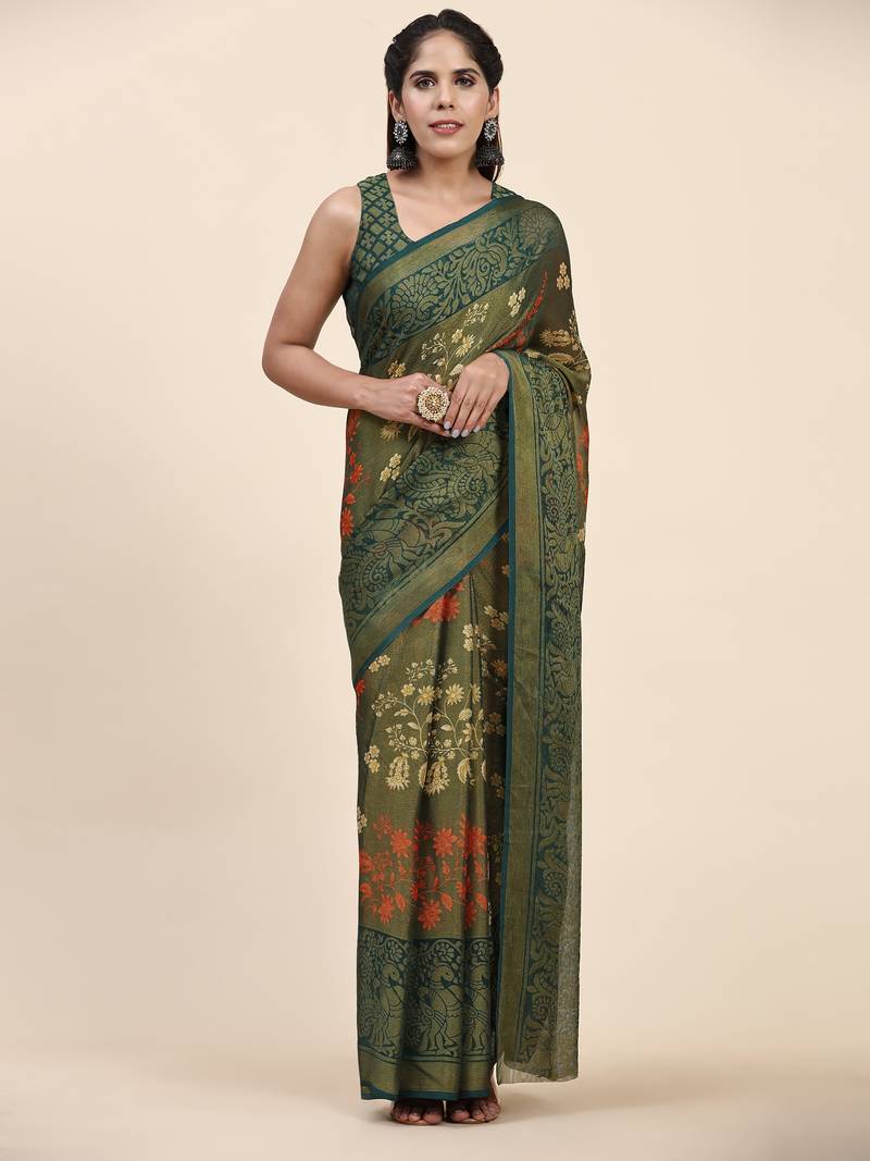 CORAL-1-BT.GREEN   Printed Chiffon ART SIK SAREE