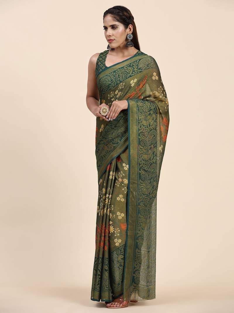 CORAL-1-BT.GREEN   Printed Chiffon ART SIK SAREE
