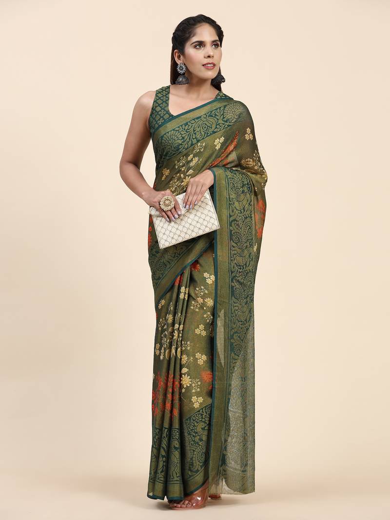 CORAL-1-BT.GREEN   Printed Chiffon ART SIK SAREE