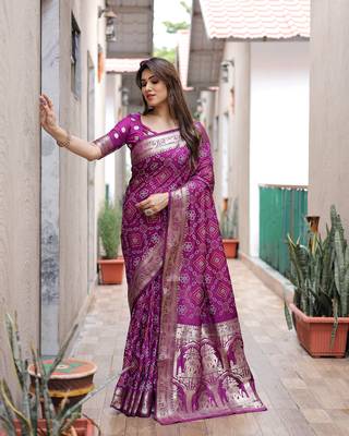 Wine Woven Design Bandhej Silk Blend Saree With Blouse 1