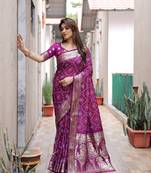 Wine Woven Design Bandhej Silk Blend Saree With Blouse