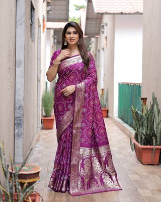 Wine Woven Design Bandhej Silk Blend Saree With Blouse 2