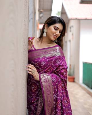 Wine Woven Design Bandhej Silk Blend Saree With Blouse 3