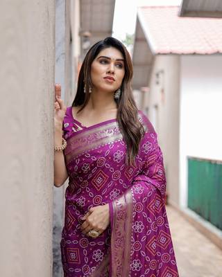 Wine Woven Design Bandhej Silk Blend Saree With Blouse 4