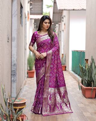 Wine Woven Design Bandhej Silk Blend Saree With Blouse 5