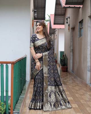 Black Woven Design Bandhej Silk Blend Saree With Blouse 2