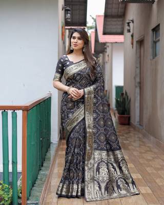 Black Woven Design Bandhej Silk Blend Saree With Blouse 1
