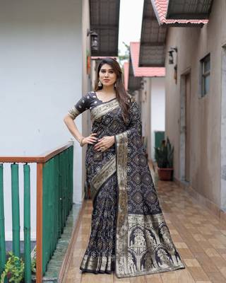 Black Woven Design Bandhej Silk Blend Saree With Blouse 3