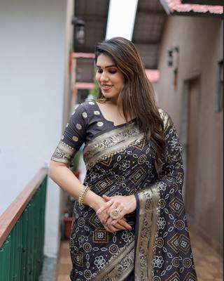 Black Woven Design Bandhej Silk Blend Saree With Blouse 4