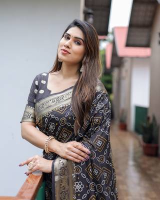 Black Woven Design Bandhej Silk Blend Saree With Blouse 5