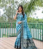 Teal Woven Design Bandhej silk blend Saree With Blouse