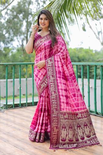 Peach Woven Design Bandhej Silk Saree With Blouse