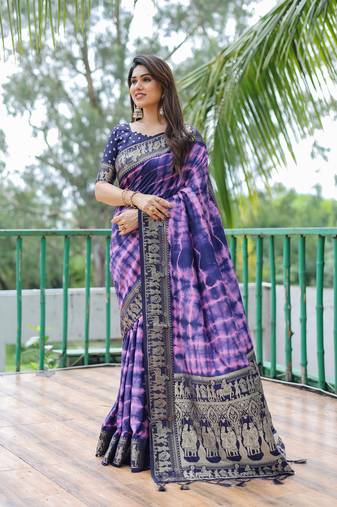 Navy Blue Woven Design Bandhej Silk Saree With Blouse