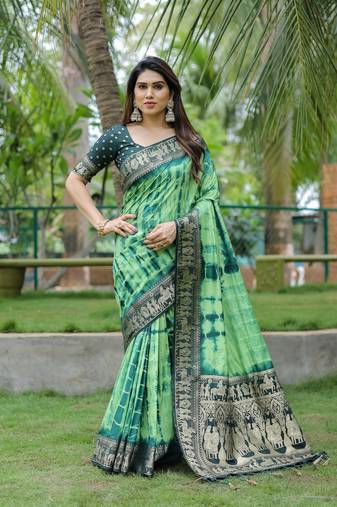 Parrot Green Woven Design Bandhej Silk Saree With Blouse