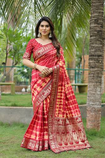 Red Woven Design Bandhej Silk Saree With Blouse