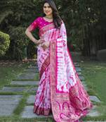 Pink Woven Design Bandhej Silk Blend Saree With Blouse
