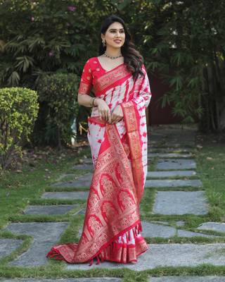 Red Woven Design Bandhej Silk Blend Saree With Blouse 1