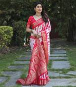Red Woven Design Bandhej Silk Blend Saree With Blouse