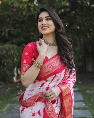 Red Woven Design Bandhej Silk Blend Saree With Blouse 3