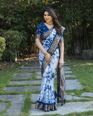 Navy Blue Woven Design Bandhej Silk Blend Saree With Blouse 1
