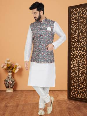 mens white kurta pajama with printed jacket set 1