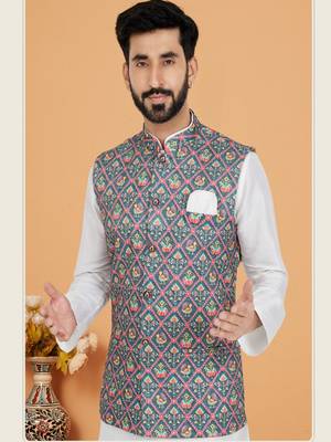 mens white kurta pajama with printed jacket set 2