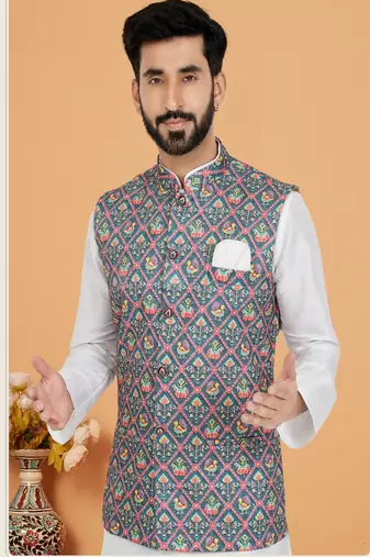 mens white kurta pajama with printed jacket set