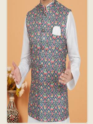mens white kurta pajama with printed jacket set 3