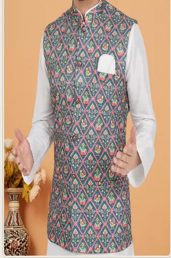 mens white kurta pajama with printed jacket set