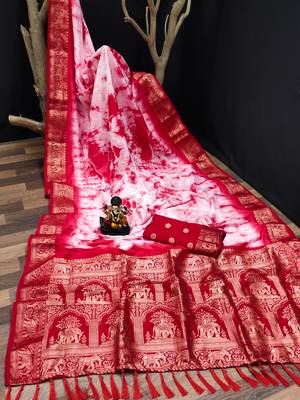 Red Woven Design Bandhej Silk Blend Saree With Blouse 5