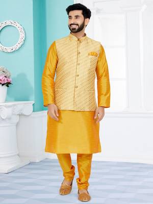 dupion silk yellow kurta pajama with golden jacket set 1