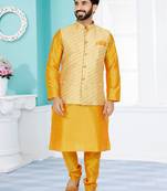 dupion silk yellow kurta pajama with golden jacket set
