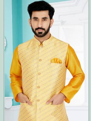 dupion silk yellow kurta pajama with golden jacket set 2