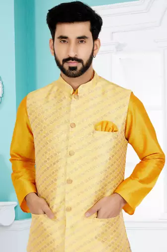 dupion silk yellow kurta pajama with golden jacket set